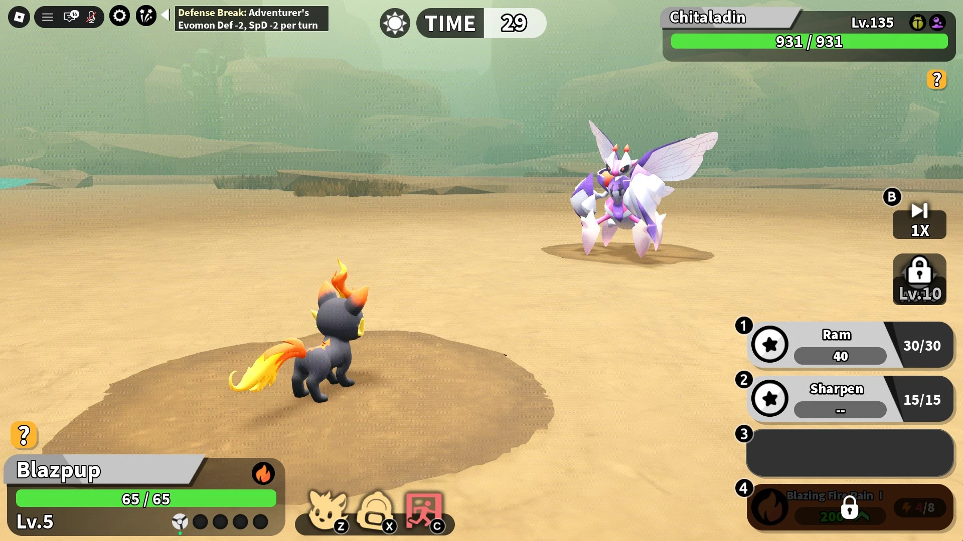 ภาพหน้าจอสู้บอส Chitaldin ของ Roblox Evomon ใน Canyon Oasis.