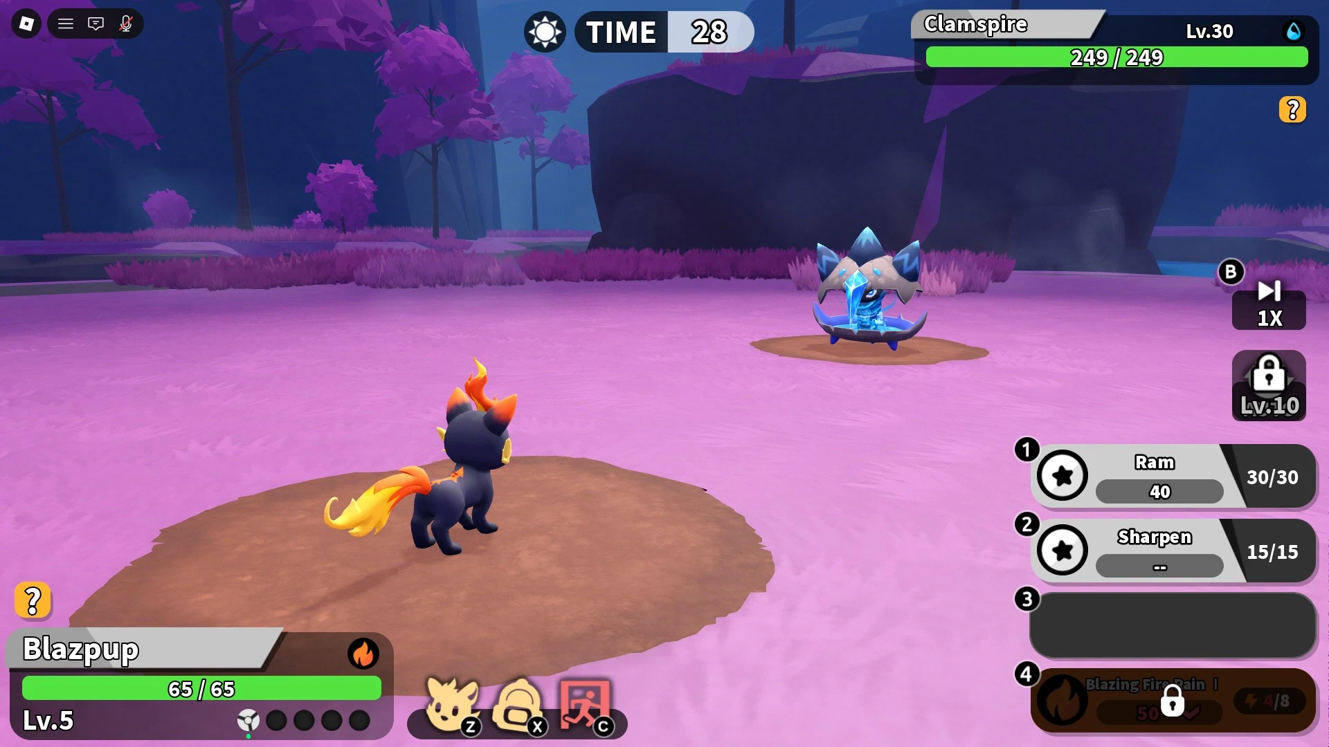 ภาพหน้าจอสู้บอส Clamspire ของ Roblox Evomon ใน Petal Pond.