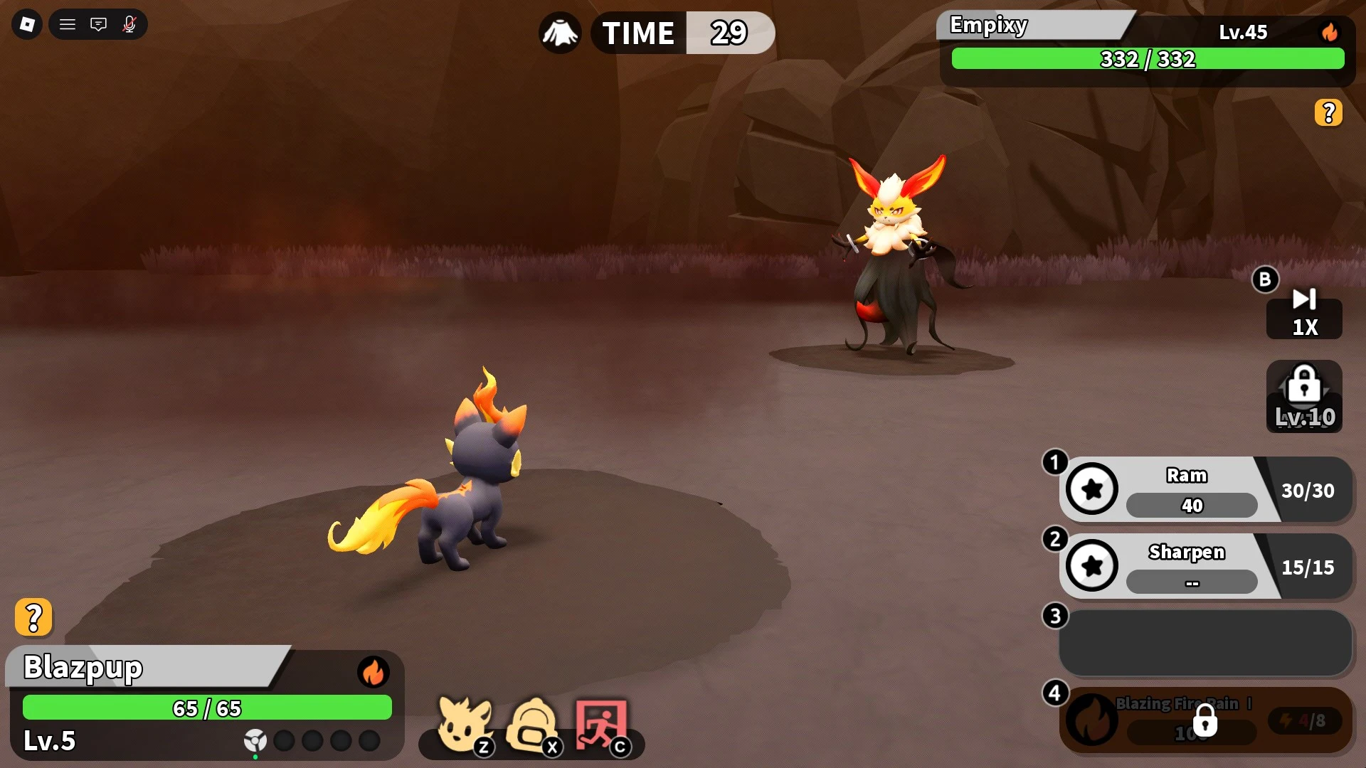 ภาพหน้าจอสู้บอส Empixy ของ Roblox Evomon ใน Lava Crag.