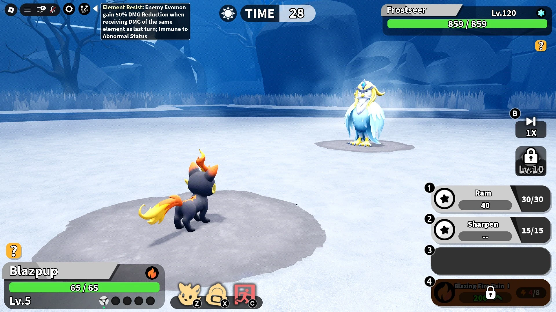 ภาพหน้าจอสู้บอส Frostseer ของ Roblox Evomon ใน Crystal Cascade.