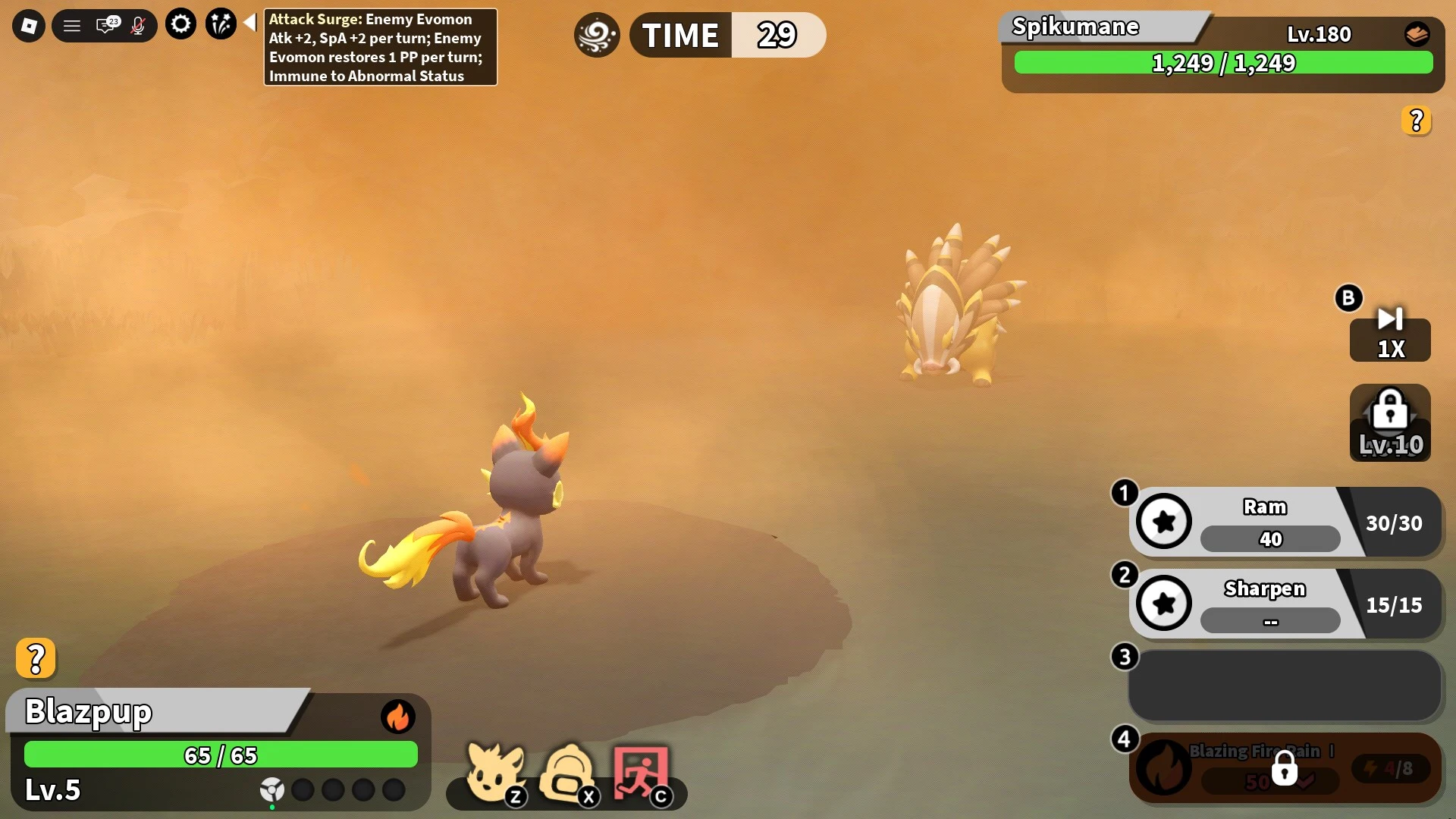 ภาพหน้าจอสู้บอส Spikumane ของ Roblox Evomon ใน Rocky Ridge.