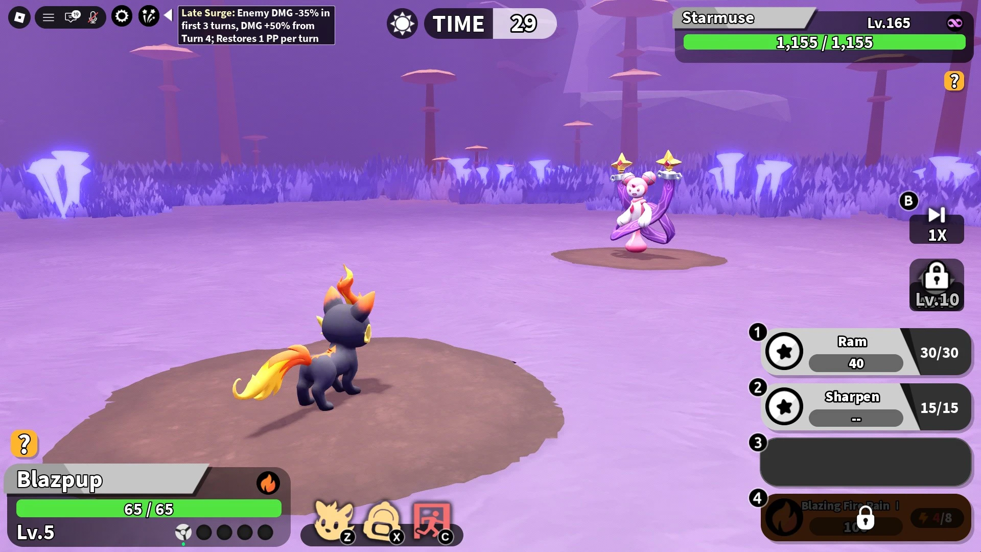 ภาพหน้าจอสู้บอส Starmuse ของ Roblox Evomon ใน Nether Land.