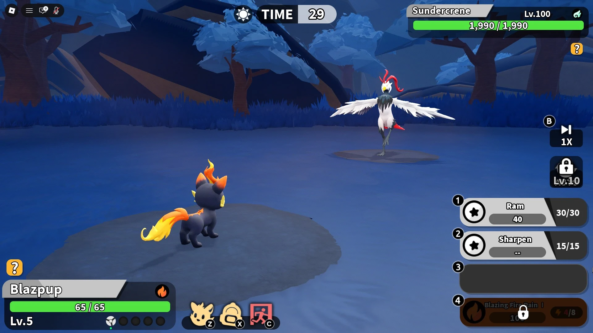 ภาพหน้าจอสู้บอส Sundercrene ของ Roblox Evomon ใน Flying Territory.