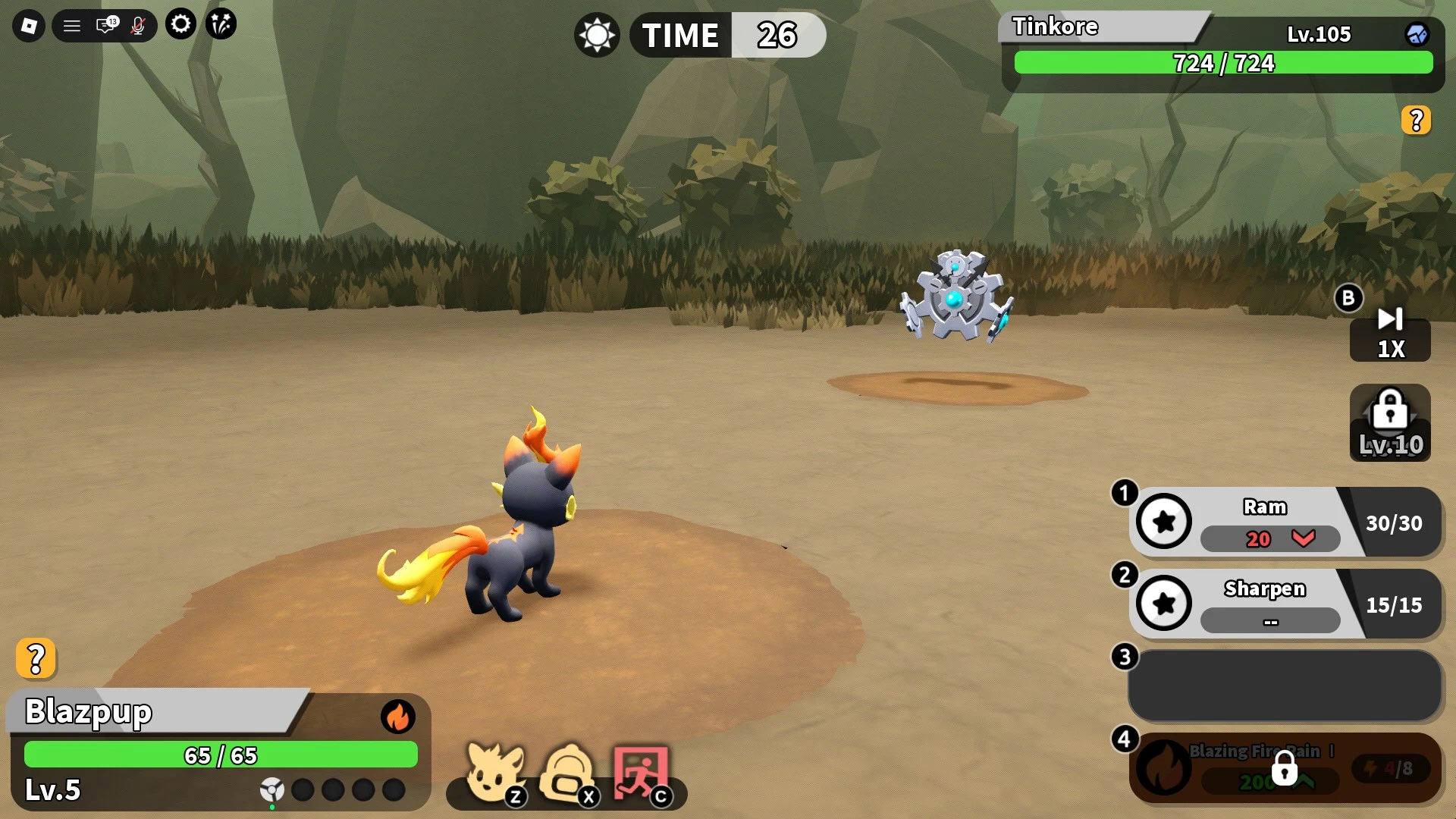 ภาพหน้าจอสู้บอส Tinkore ของ Roblox Evomon ใน Silent Sands.