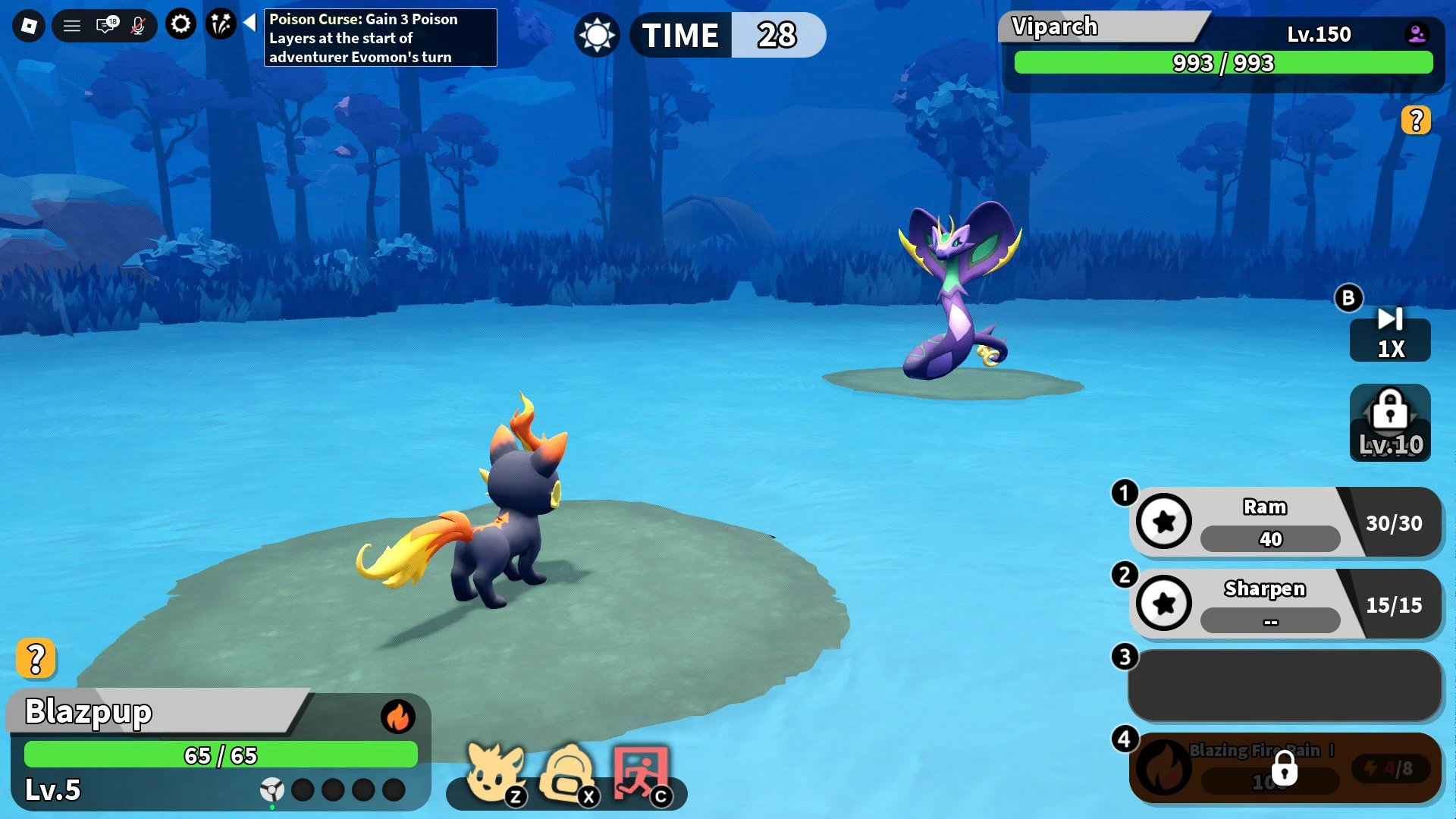 ภาพหน้าจอสู้บอส Viparch ของ Roblox Evomon ใน Murkwood.