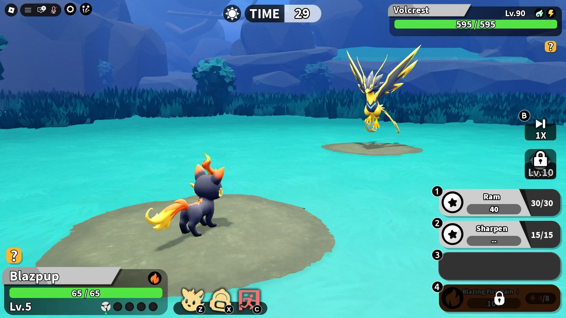 ภาพหน้าจอสู้บอส Volcrest ของ Roblox Evomon ใน Raven Ridge.