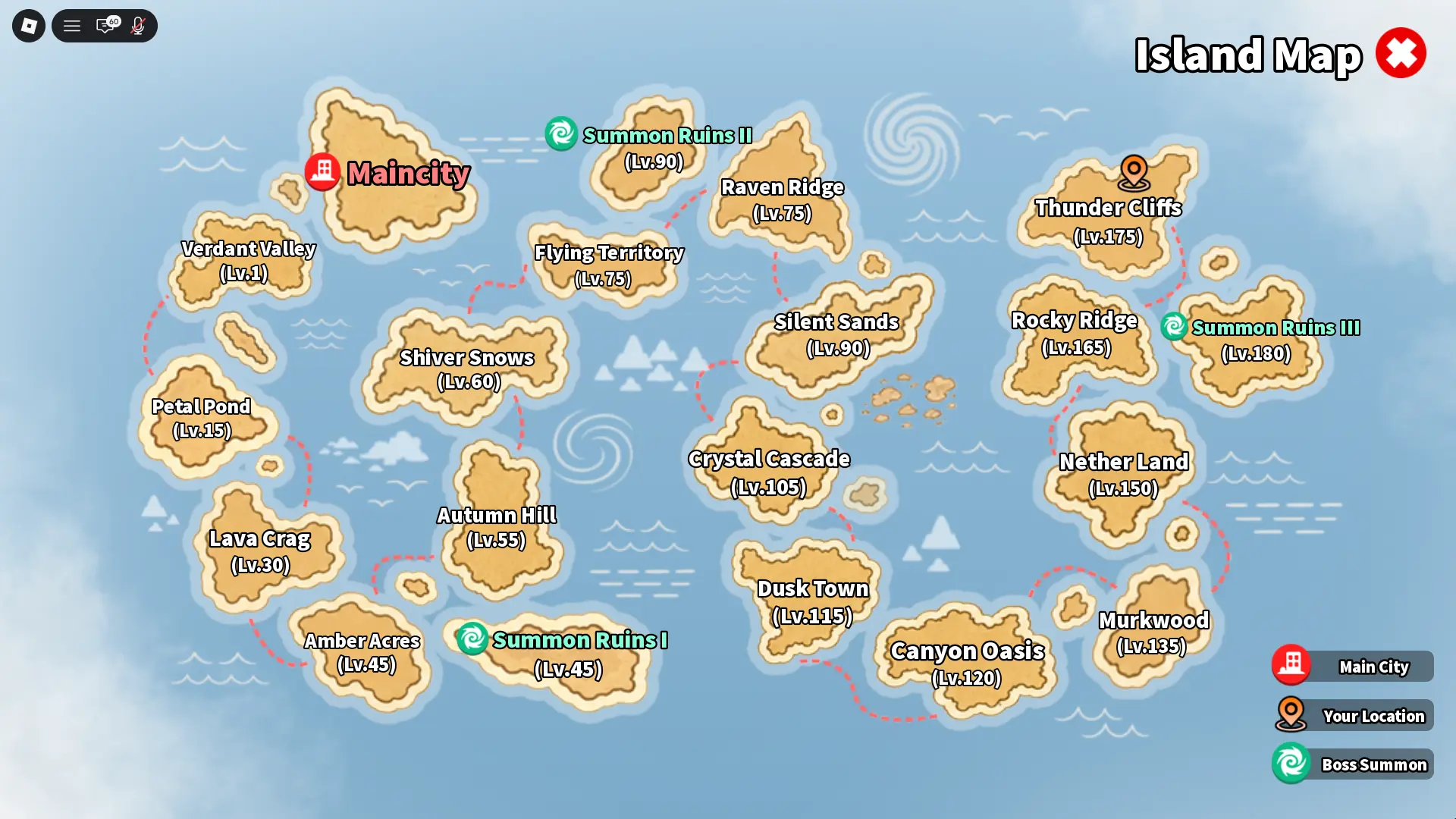 Mapa de islas de Evomon con Maincity, nombres de islas, niveles del mapa, rutas punteadas y ubicaciones de Summon Ruins.
